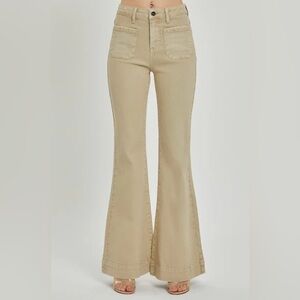 Risen High Rise Flare Stretch Jeans Front Pockets Beige size 27 Retro